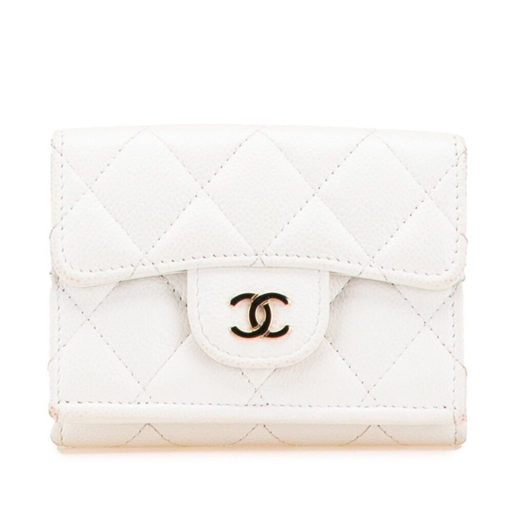 CHANEL White Caviar Leather Logo Wallet